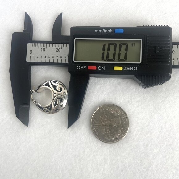 Sterling Silver 925 1" Scrollwork Bali Style Chunky Hoop Earrings Hinged Post - Picture 14 of 16